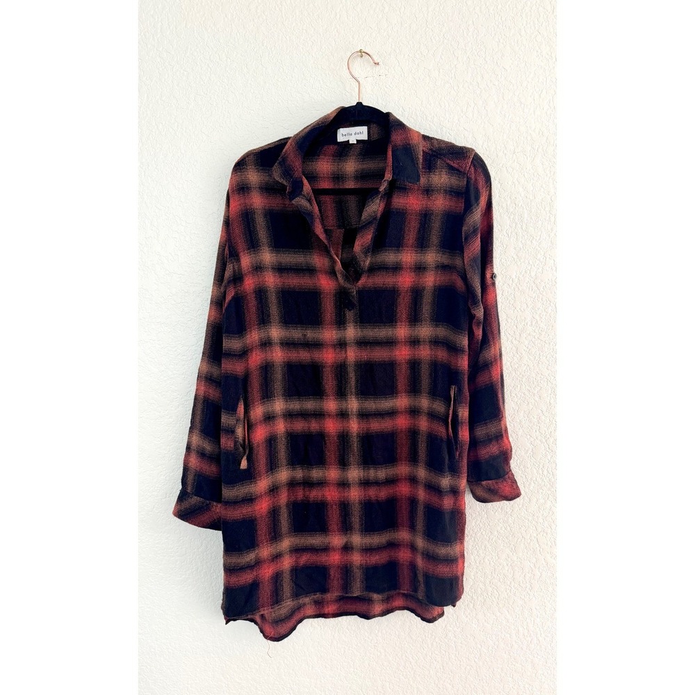 Bella Dahl Plaid‎ Button Up Shirt Dress Tunic Black Red Tan Size Small